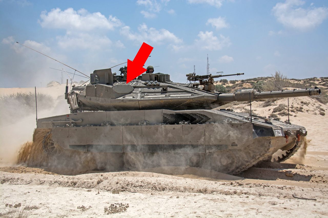 Merkava Mk 4 tank - one of the Trophy system antennas designated by an arrow