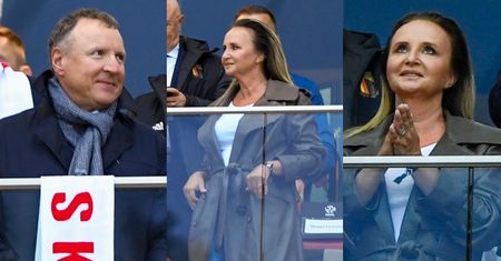 "Wyluzowana" Joanna Kurska w skórzanym płaszczu i z zaczesanymi włosami kibicuje biało-czerwonym z Jackiem (ZDJĘCIA)