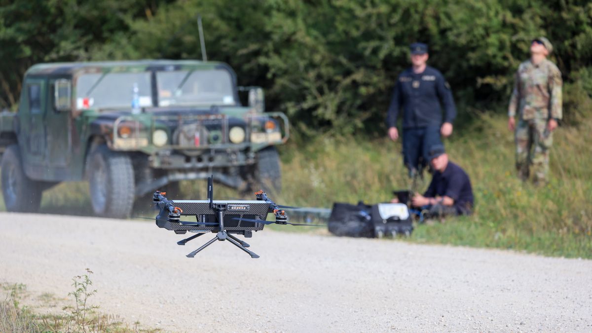 Soliders from the US Army operate a TS-M800 drone during the 'Saber Junction 24' US military and North Atlantic Treaty Organization (NATO) training exercise at the US Army's Hohenfels training Area in Hohenfels, Germany, on Friday, Sept. 6, 2024. Ukrainian President Volodymyr Zelenskiy reinforced his plea for allies to accelerate weapons deliveries to help halt Russian advances as he met with defense ministers in Germany. Photographer: Alex Kraus/Bloomberg via Getty Images