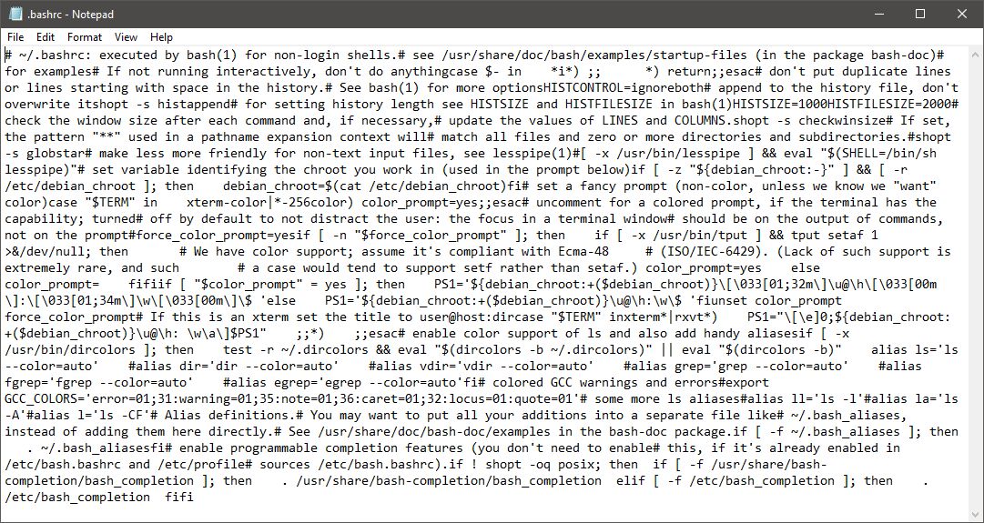 Tak wygląda plik .bashrc w Notatniku Windowsa (źródło blogs.msdn.microsoft.com/commandline)