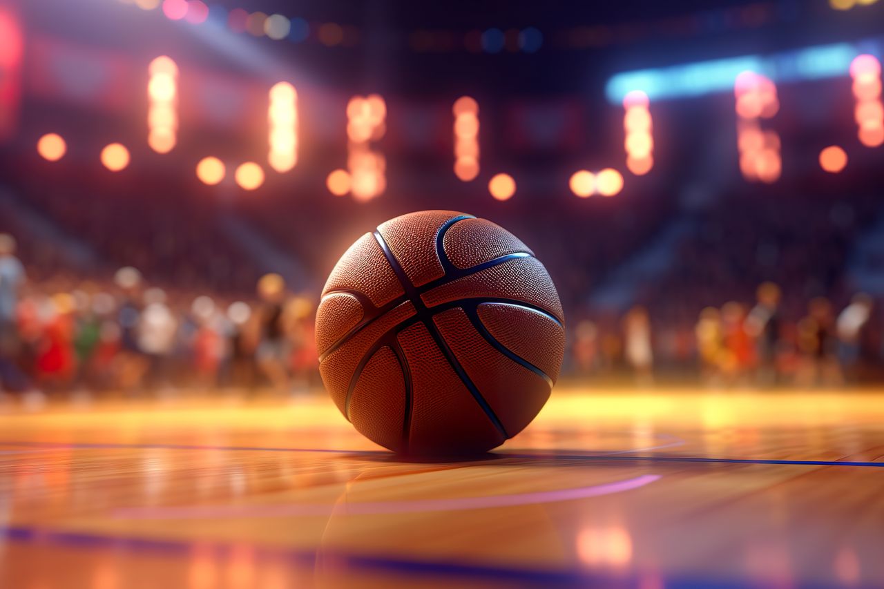 Basketball on wooden floor.