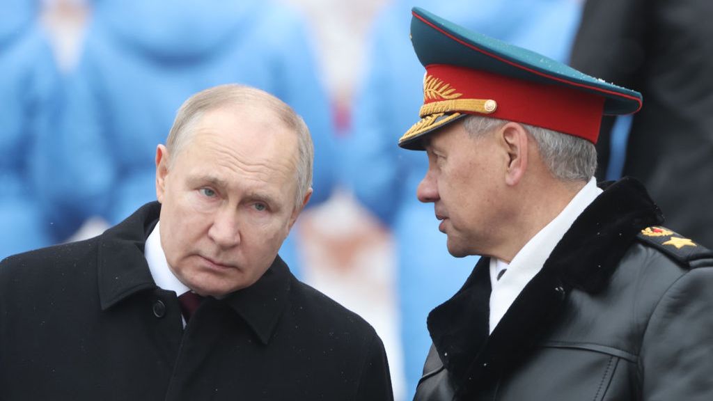 Putin Honours Unknown Soldier On Defender Of The Fatherland Day
MOSCOW, RUSSIA - FEBRUARY 23:  (RUSSIA OUT) Russian President Vladimir Putin (L) listens to Defence Minister Sergei Shoigu (R) while taking part in the wreath laying ceremony at the Unknown Soldier Tomb, marking the Defender of the Fatherland's Day, on February 23, 2024, in Moscow, Russia. Putin is candidate for the 2024 Presidential Elections. (Photo by Contributor/Getty Images)
Contributor