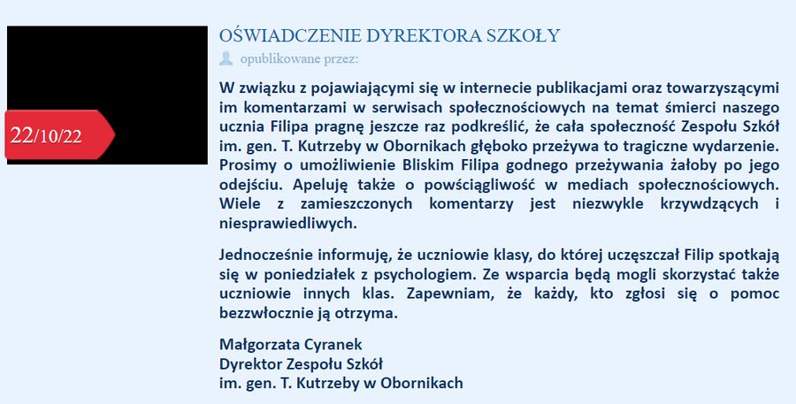 Oświadczenie w sprawie śmierci 16-letniego Filipa