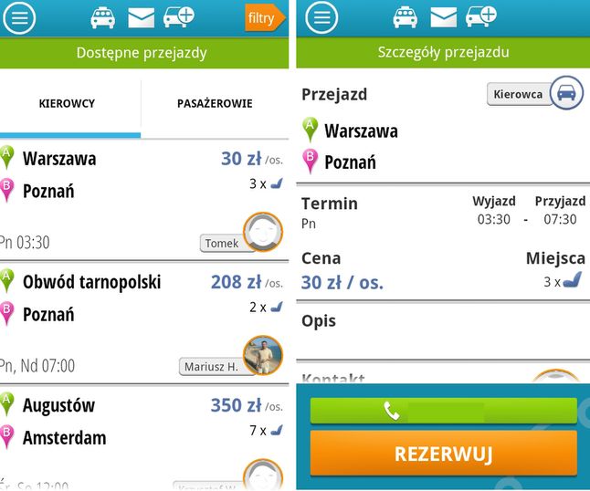 Zrzuty ekranu aplikacji Otodojazd.pl