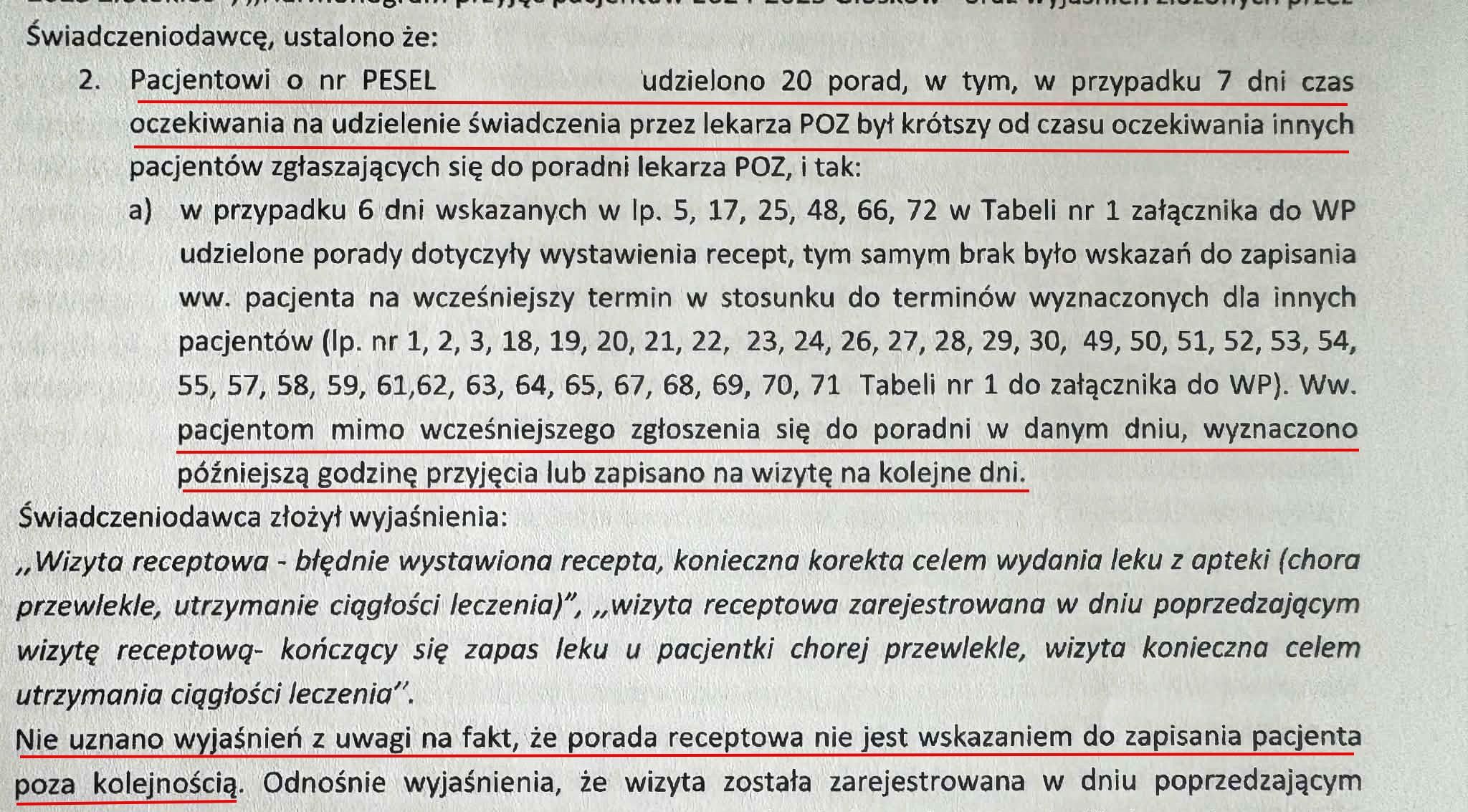 Fragment wystąpienia pokontrolnego NFZ
