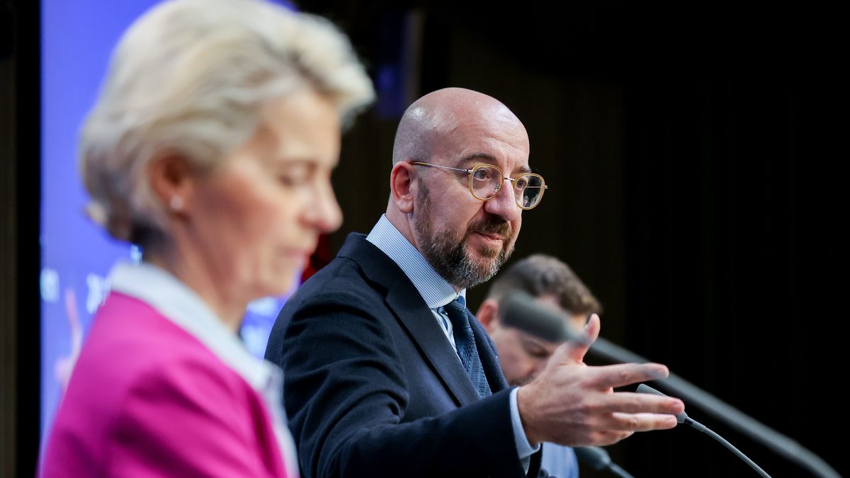 Charles Michel President of the European Council talks to the media and answers questions of journalists at a joint press conference with Ursula von der Leyen President of the European Commission after the EU summit with the European leaders in front of a blue screen with the flag of Europe. Brussels, Belgium on 21 October2022 (Photo by Nicolas Economou/NurPhoto via Getty Images) (Photo by Nicolas Economou/NurPhoto via Getty Images)