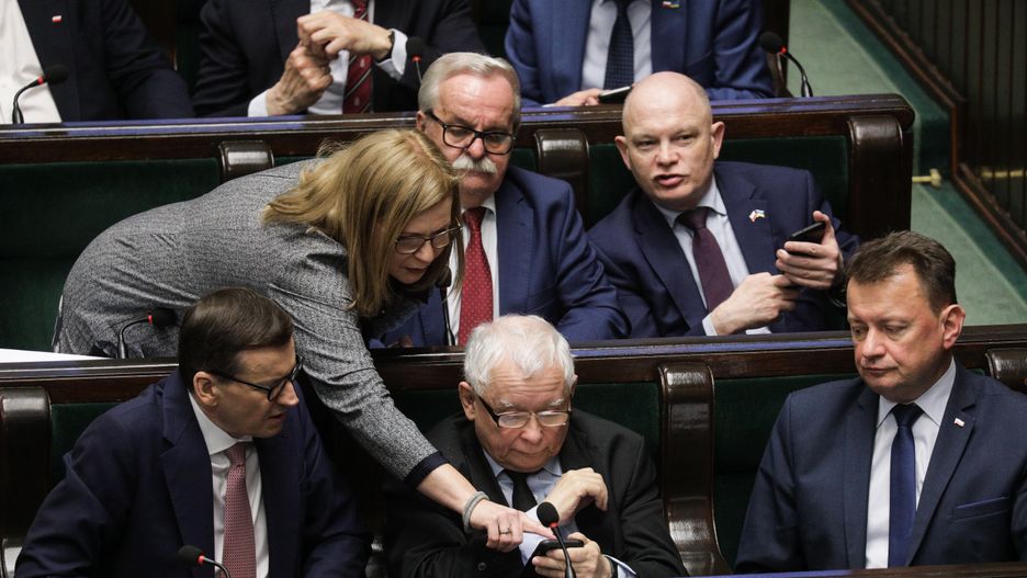 Warszawa 28.04.2022. 53. Posiedzenie Sejmu IX kadencji. N/z Mateusz Morawiecki, Jaroslaw Kaczynski, Mariusz Blaszczak.