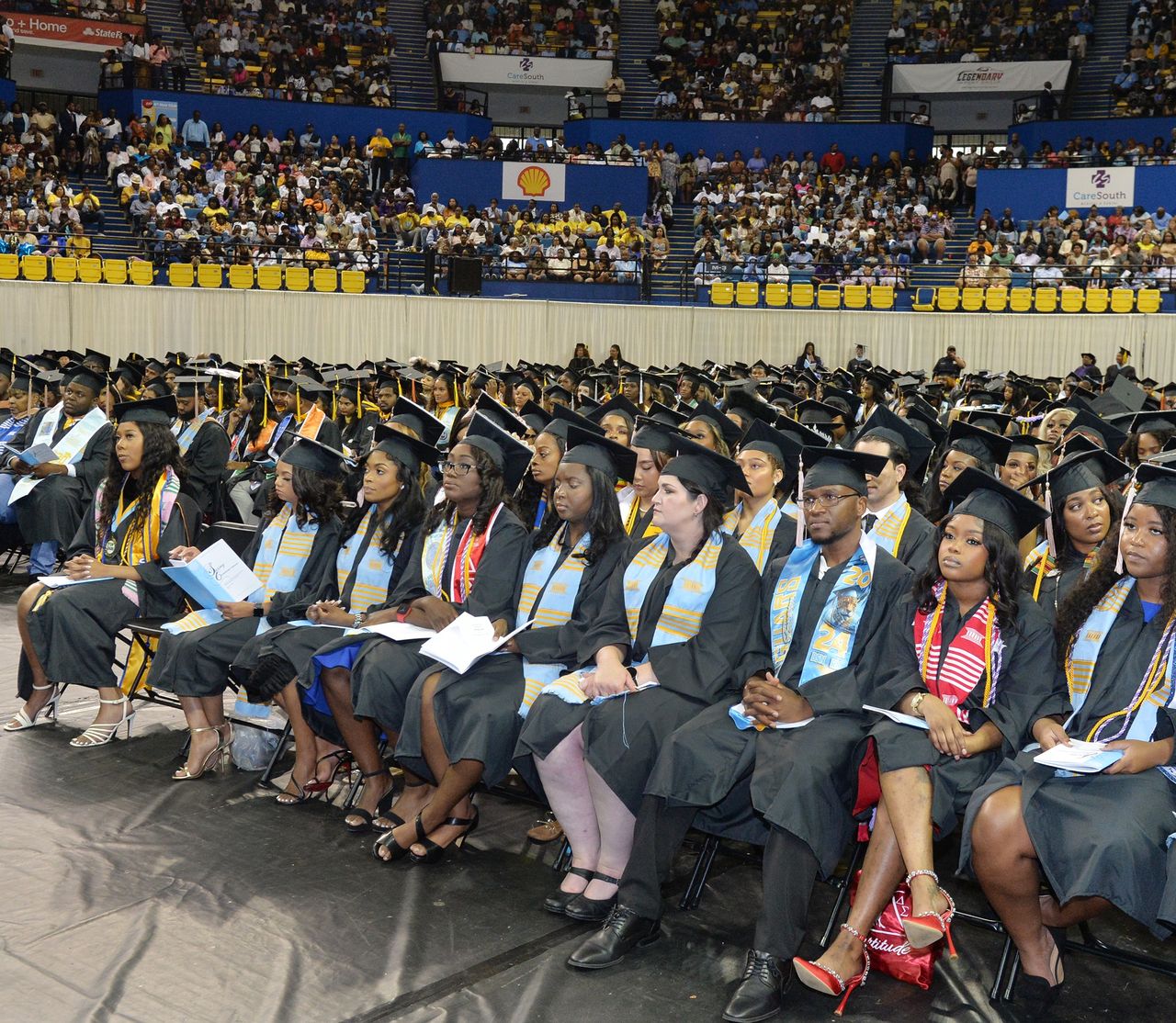 BATON ROUGE, LOUISIANA - MAY17:  Southern University Graduates sit in anticipation of receiving their diplomas during the University's Spring 2024 commencement in the University's F.G. Clark Activity Center on May 17, 2024 in Baton Rouge, Louisiana. (Photo by Naville J. Oubre III/Southern University and A&M College/Via Getty Images)