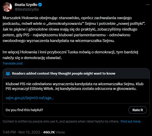 Wpisy Beaty Szydło na portalu Twitter/X