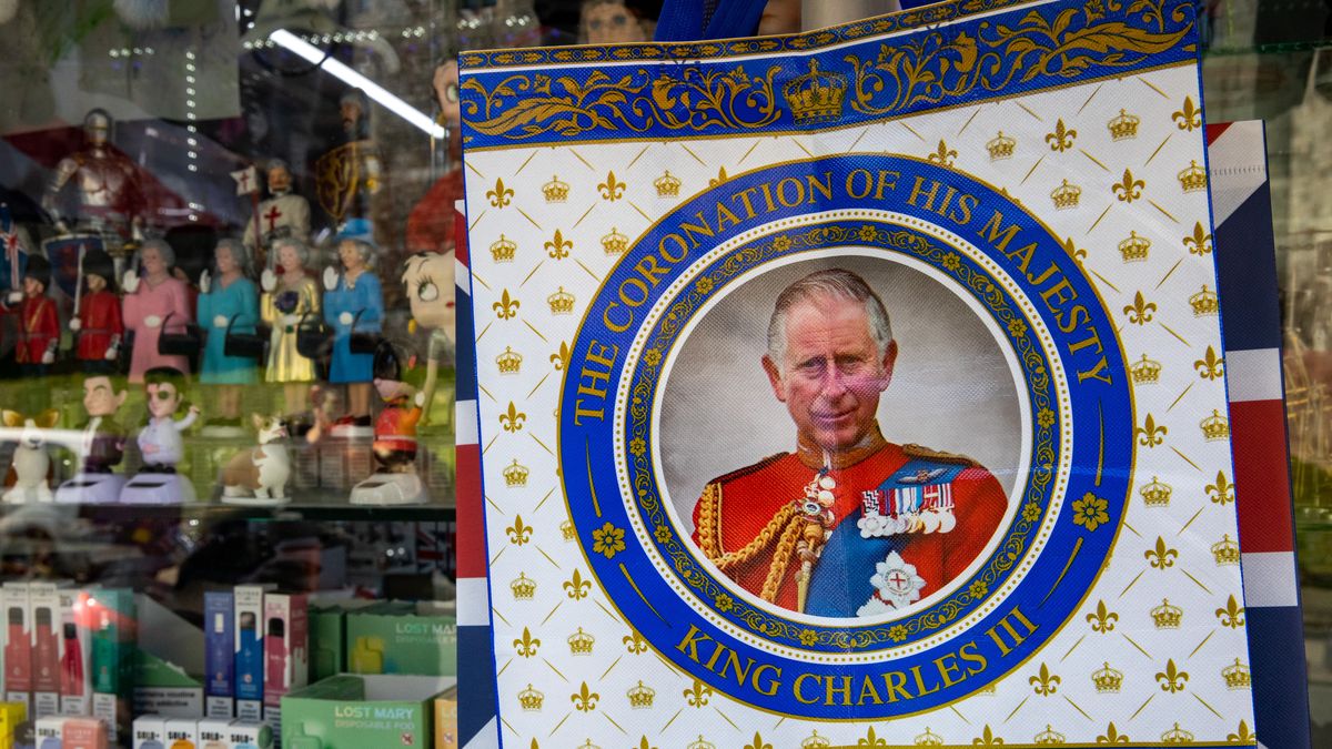 Coronation merchandise featuring an image of King Charles III is displayed in the window of a gift shop on 20 April 2023 in Windsor, United Kingdom. King Charles III's coronation will take place at Westminster Abbey on 6 May. (photo by Mark Kerrison/In Pictures via Getty Images)