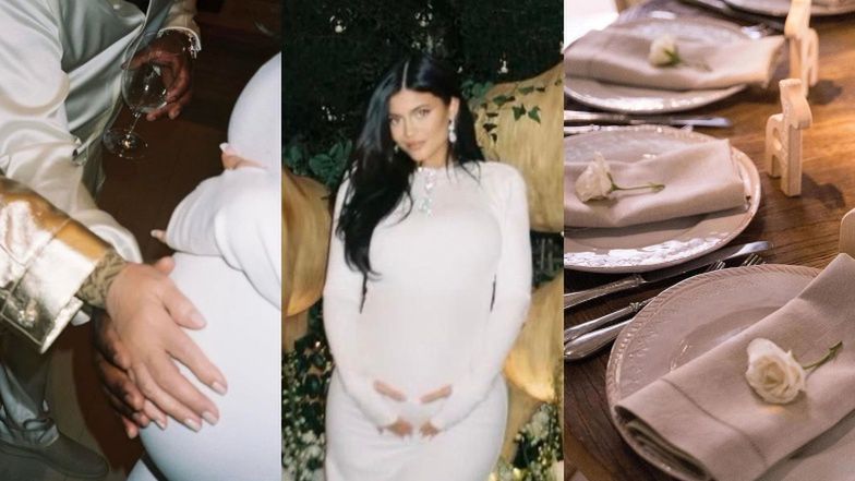 Luksusowy baby shower Kylie Jenner: wielkie drewniane żyrafy, zatrzęsienie białych róż i spacerówka od Diora (ZDJĘCIA)