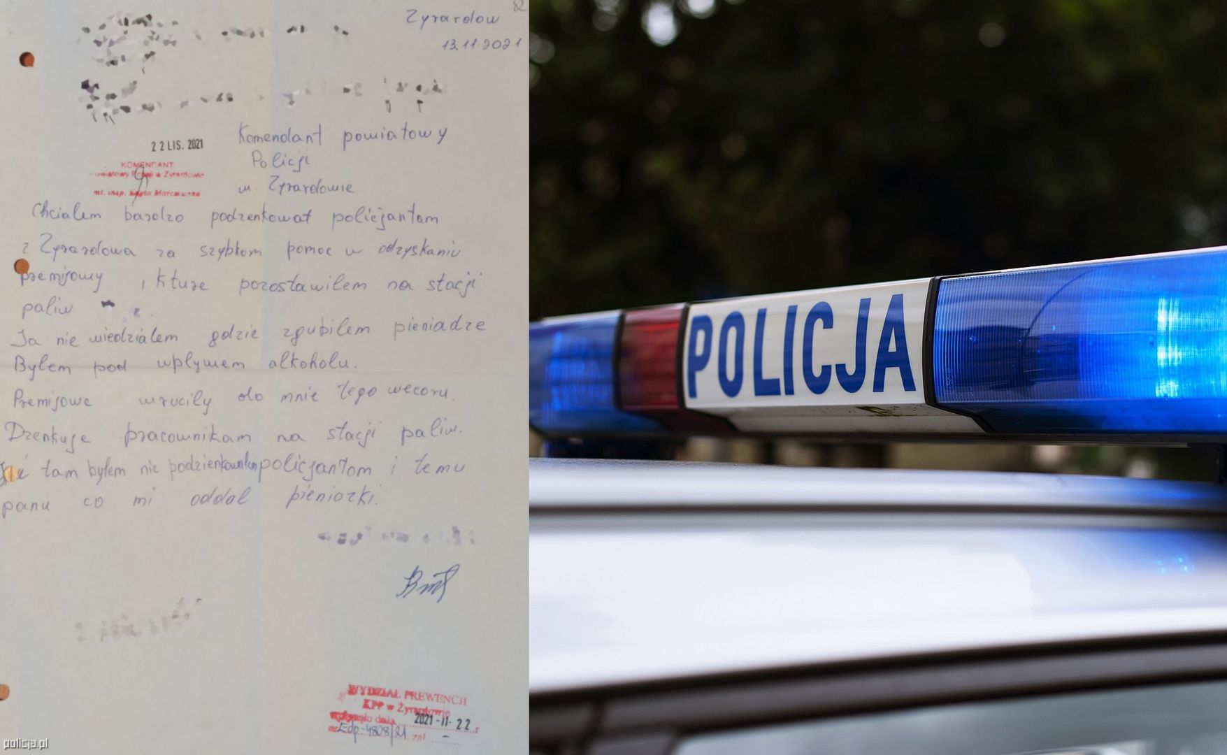 Podziękowania dla policjanta za pomoc w odzyskaniu pieniędzy 