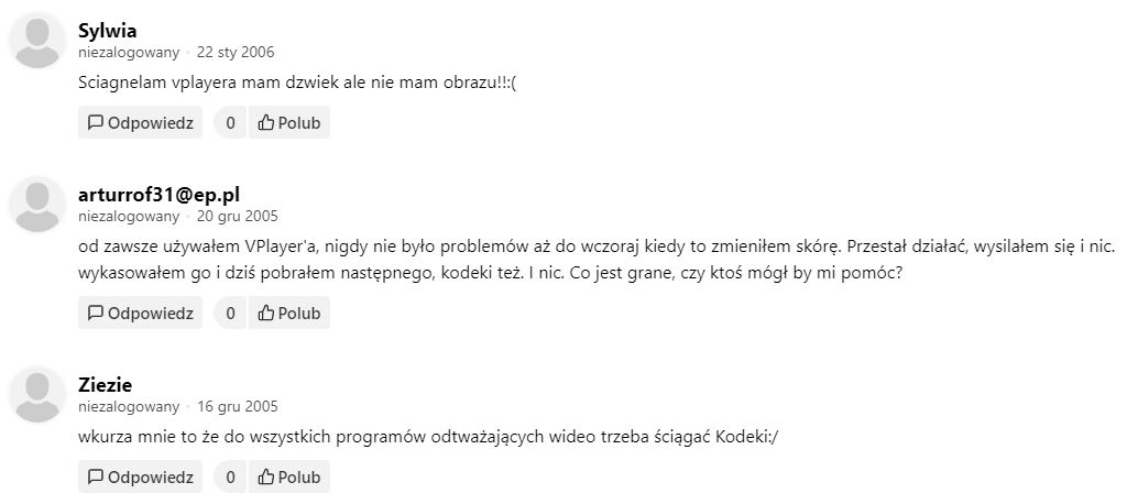 Wybrane komentarze użytkowników DP o VPlayerze, lata 2005-2006.