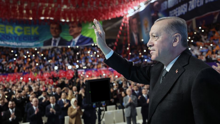 ESKISEHIR, TURKIYE - JANUARY 28: (----EDITORIAL USE ONLY  MANDATORY CREDIT - 'TURKISH PRESIDENCY / MURAT CETINMUHURDAR / HANDOUT' - NO MARKETING NO ADVERTISING CAMPAIGNS - DISTRIBUTED AS A SERVICE TO CLIENTS----) Turkish President Recep Tayyip Erdogan greets the crowd during candidate introductory ceremony in Eskisehir, Turkiye on January 28, 2024. (Photo by Turkish Presidency / Murat Cetinmuhurdar / Handout/Anadolu via Getty Images)