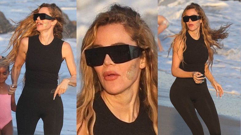 SZCZUPŁA Khloe Kardashian z PLASTREM na twarzy dokazuje z dziećmi na plaży w Malibu (ZDJĘCIA)