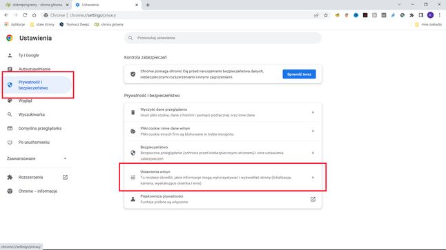 Google Chrome: menu Prywatność i bezpieczeństwo