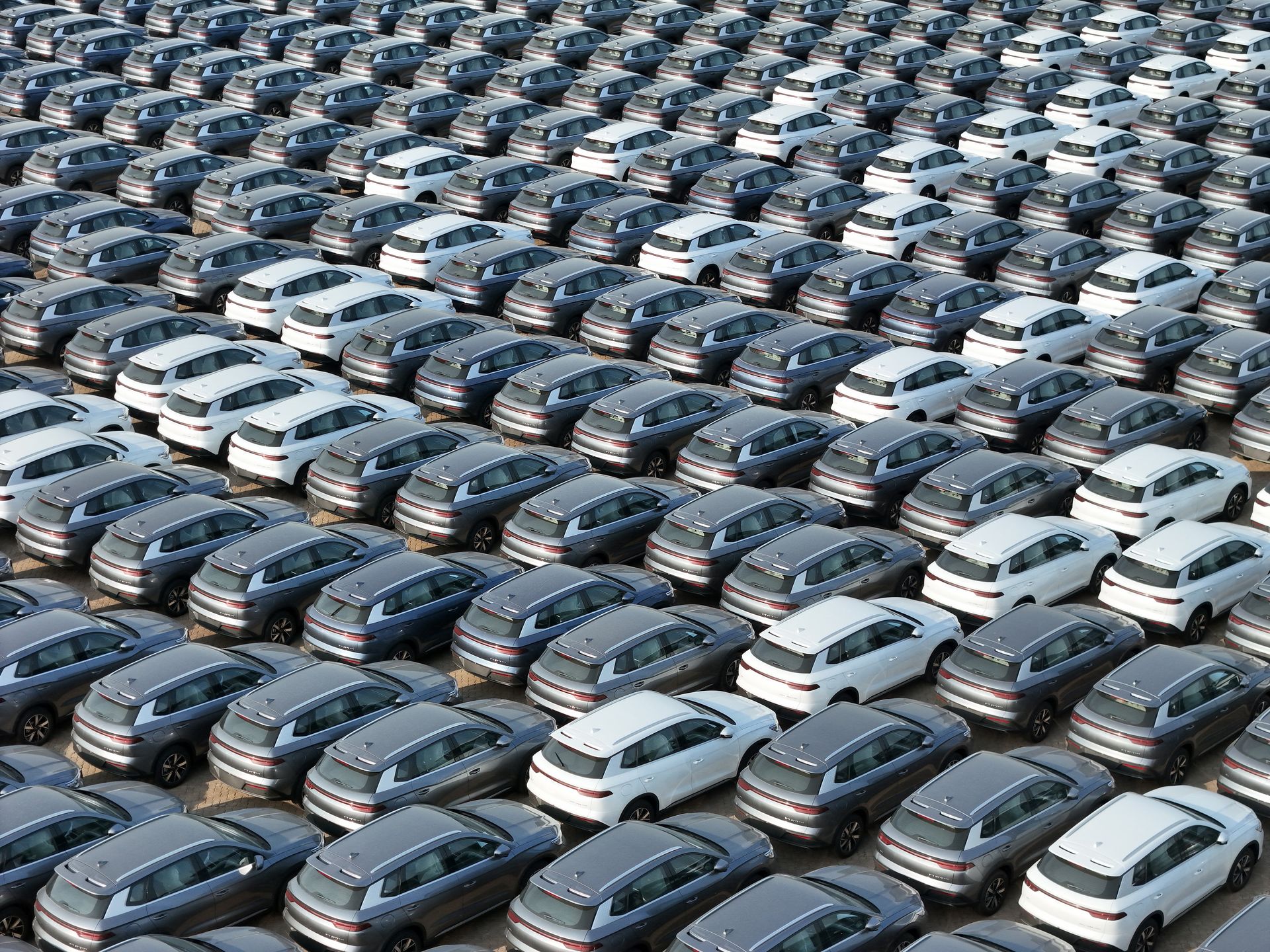 YANTAI, CHINA - APRIL 18, 2024 - A large number of BYD electric cars wait to be shipped for export at Penglai Port area of Yantai Port in Shandong province, China, April 18, 2024. (Photo credit should read CFOTO/Future Publishing via Getty Images)