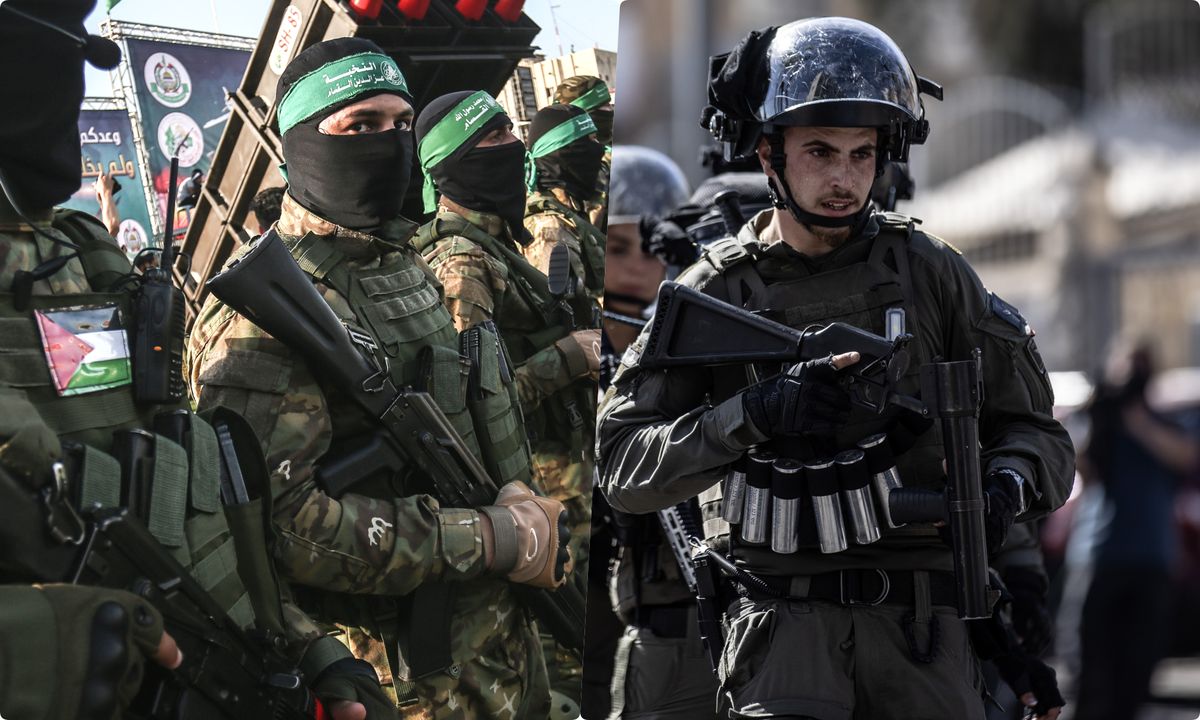 Po lewej bojownicy palestyńscy, po prawej żołnierze Izraelskich Sił Samoobrony