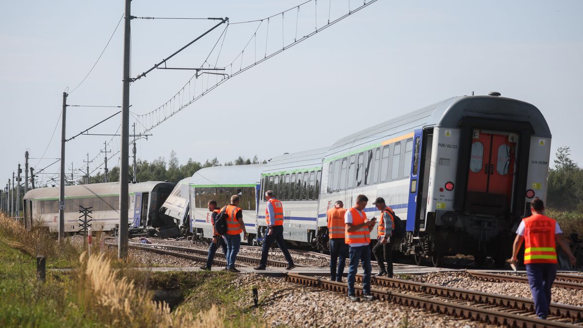 Sokolniki Suche (pow. przysuski, gm. Wieniawa), 09.09.2026. Miejsce wykolejenia pociągu PKP Intercity relacji Lublin-Szczecin w miejscowości Sokolniki Suche, 9 bm. Wg informacji przewoźnika pociąg nr 2820/1 ?Koziołek?, zestawiony z lokomotywy EP09 i sześciu wagonów, uderzył w samochód ciężarowy znajdujący się na przejeździe kolejowym. W wyniku zdarzenia doszło do wykolejenia i przewrócenia części składu. Rannych zostało siedem osób, w tym kierowca ciężarówki i maszynista. (aldg) PAP/Leszek Szymański ***Do tego materiału zdjęciowego dostępna jest również depesza w systemie CSI, pt.: Mazowieckie/ Siedem osób rannych w wypadku pociągu w Sokolnikach Suchych (opis) ***