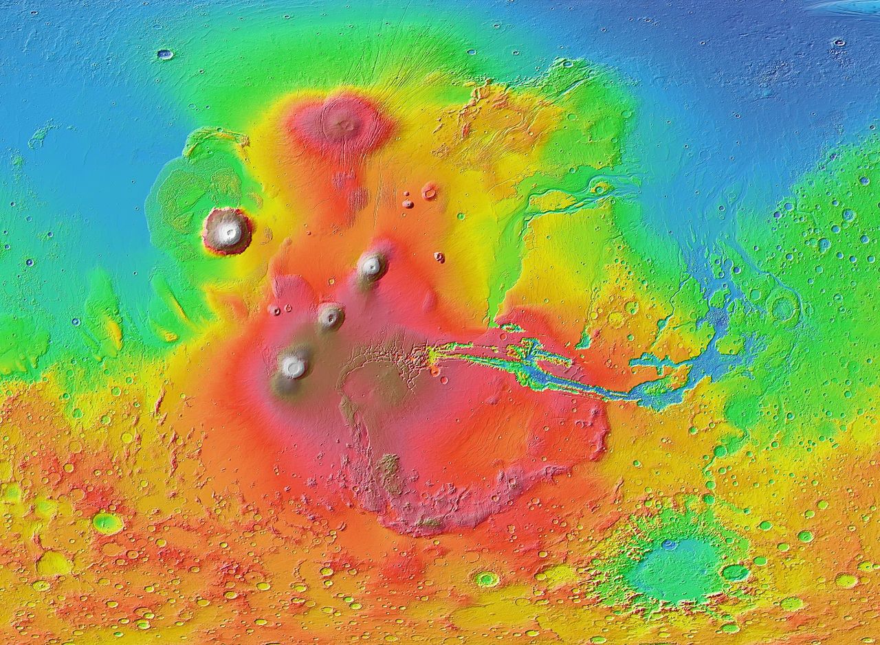 The topography of the Tharsis highlands and the adjoining Valles Marineris valley.