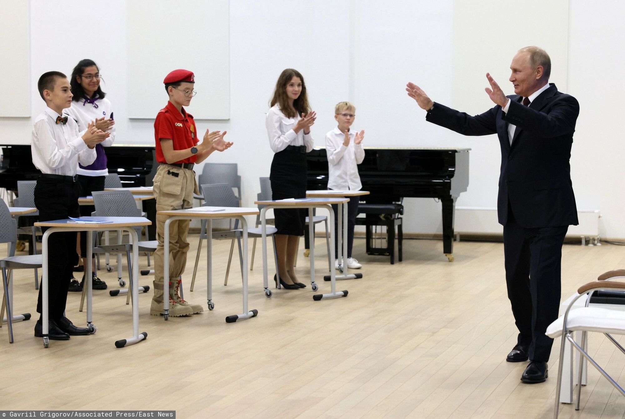 arch52Russian President Vladimir Putin gestures after speaking to winners of cultural, scientific and sports student competitions at the Museum and Theatre Educational Complex in Kaliningrad, Russia, Thursday, Sept. 1, 2022. (Gavriil Grigorov, Sputnik, Kremlin Pool Photo via AP)Gavriil Grigorov