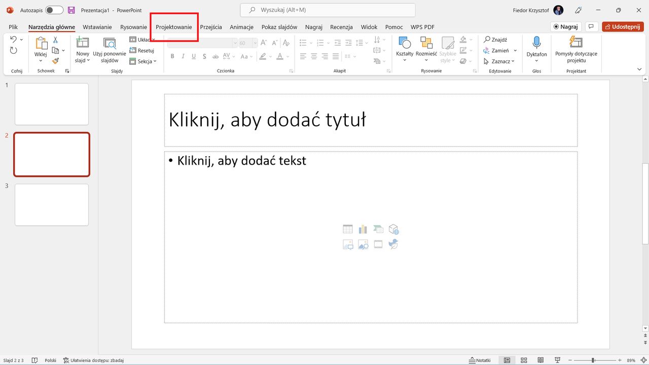 Microsoft PowerPoint, menu Projektowanie