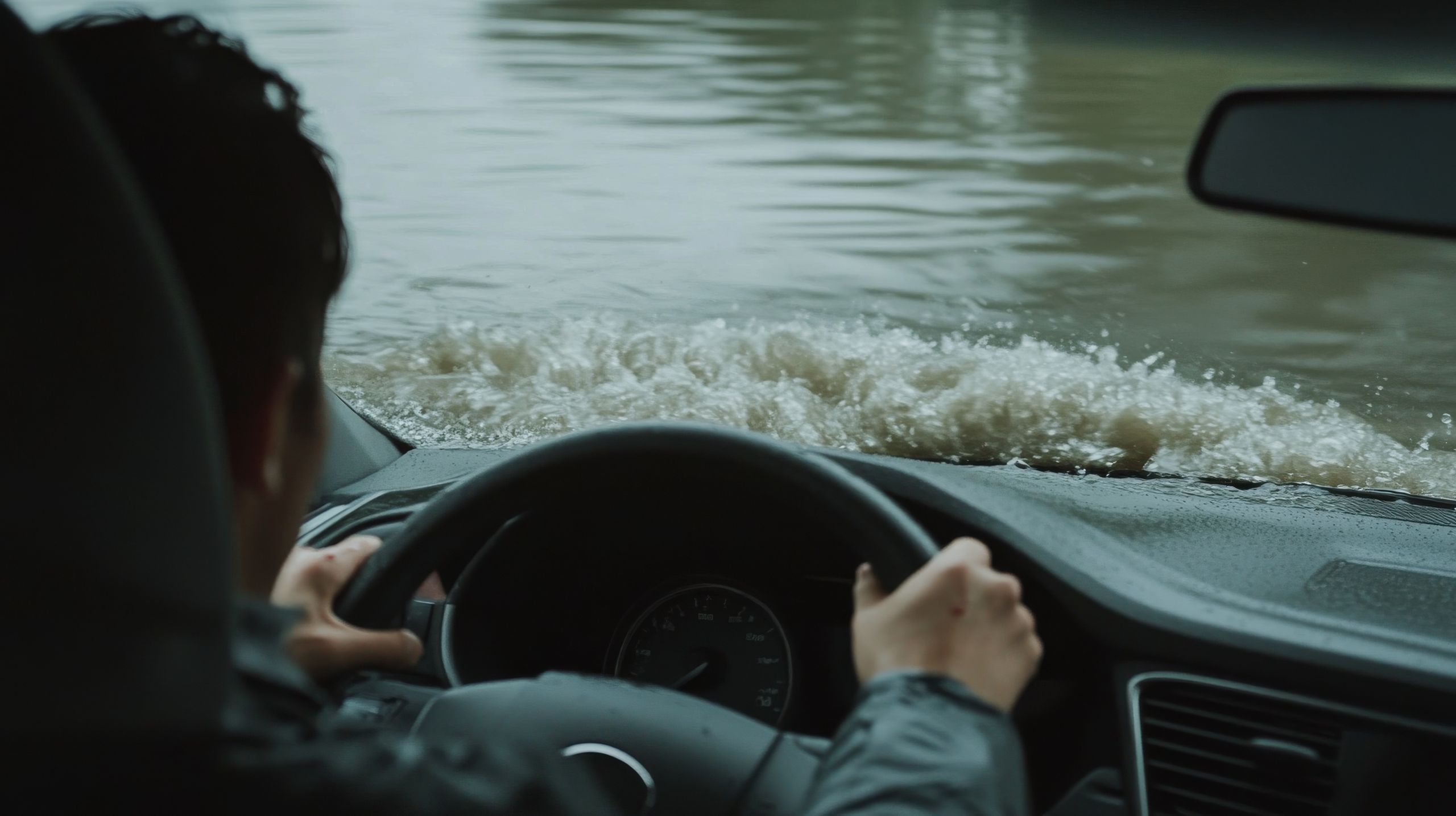 car, stuck, deep, water, heavy, rains, distressed, driver, highlighting, importance, avoiding, flooded, roads, safety, articles, view, looking, rising