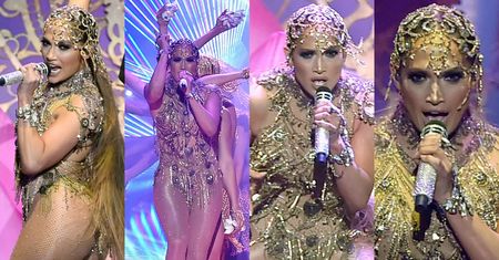 Skąpana w złocie Jennifer Lopez wykluwa się z jaja na scenie w Las Vegas... (ZDJĘCIA)