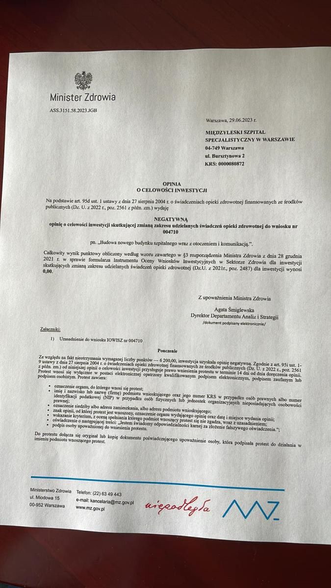 MZ wydało negatywną opinię ws. rozbudowy kluczowego szpitala