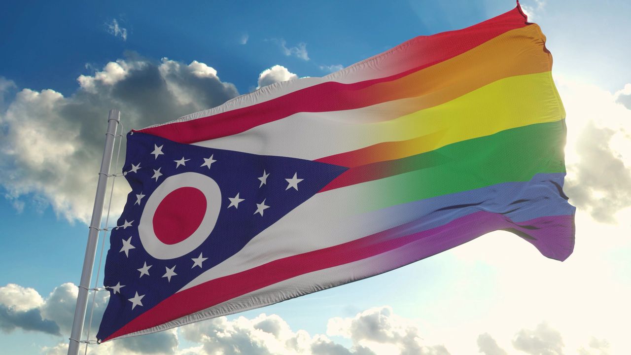 Flag of Ohio and LGBT. Ohio and LGBT Mixed Flag waving in wind. 3d rendering
