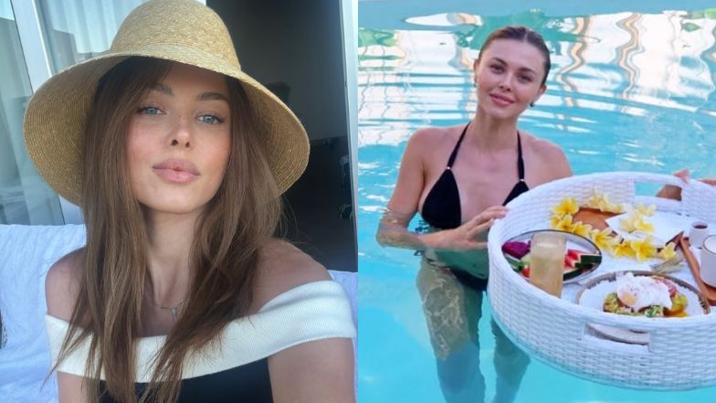 Odziana w czarne bikini Joanna Opozda je śniadanie w basenie