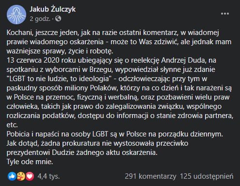 Wpis Jakuba Ż. w mediach społecznościowych