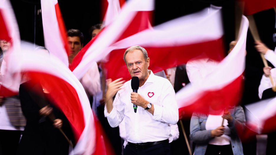 Donald Tusk, the leader of Civic Platform (PO) opposition alliance, speaks during election convention in Katowice, Poland on October 12, 2023. This year's parliamentary elections will be held in Poland on October 15th.  (Photo by Beata Zawrzel/NurPhoto via Getty Images)