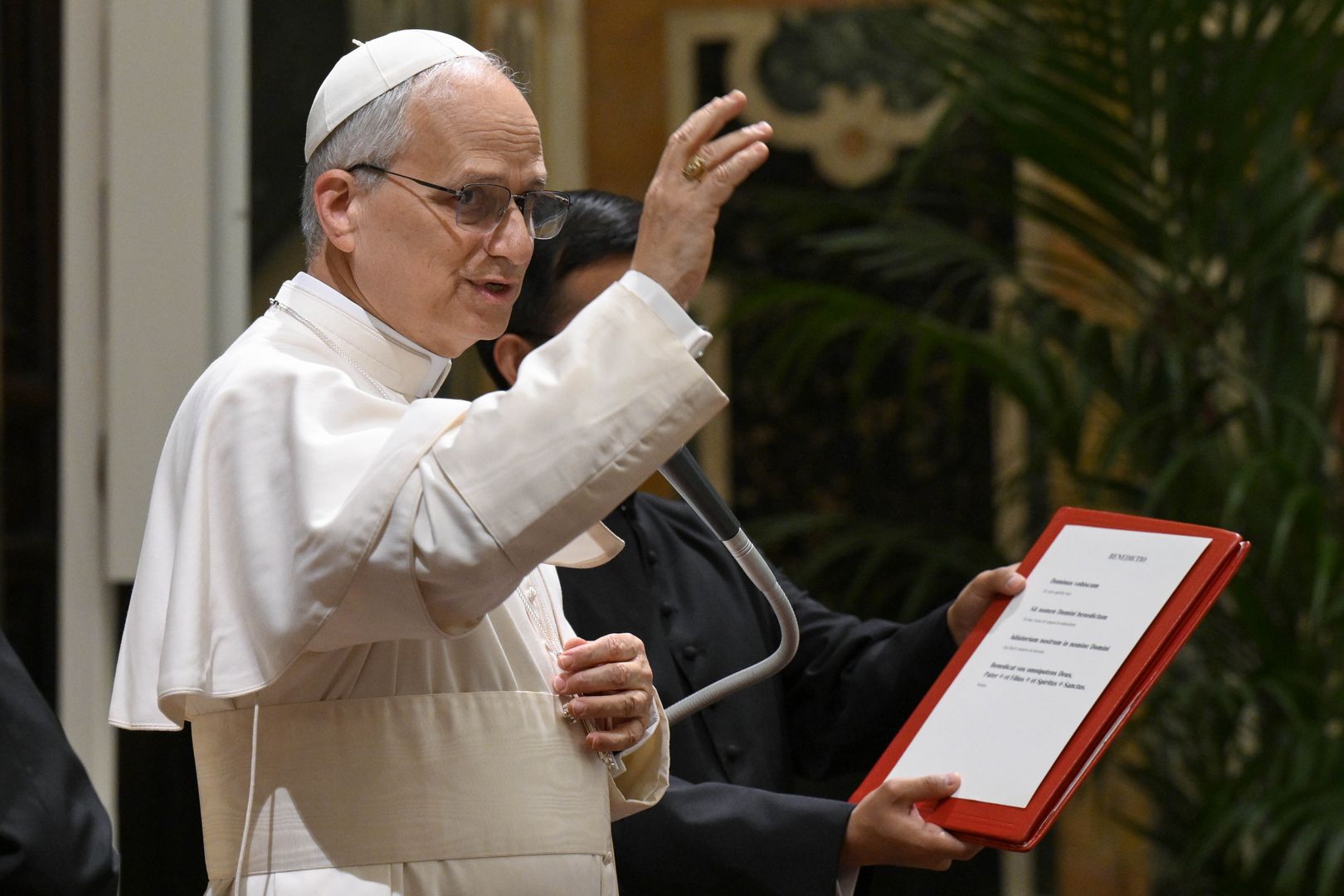 VATICAN CITY, VATICAN - MAY 15: Pope Leone XIV gestures as he attends an audience with De La Salle Brothers (Institute of the Brothers of the Christian Schools) at the Apostolic Palace on May 15, 2025 in Vatican City, Vatican. Pope Leo XIV gave this encouragement to De La Salle Brothers (Institute of the Brothers of the Christian Schools) when receiving them in the Vatican on Thursday. The Lasallian Brothers are named after their founder, St. John Baptist de La Salle, who founded the mission to provide a human and Christian education to the young, especially the poor. The Brothers, lay religious men dedicated exclusively to education, are known for their global education efforts. (Photo by Vatican Media via Vatican Pool/Getty Images)