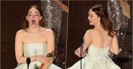 Oscary 2024. Emma Stone z pęknięta sukienką na scenie. "Nie patrzcie na tył!"