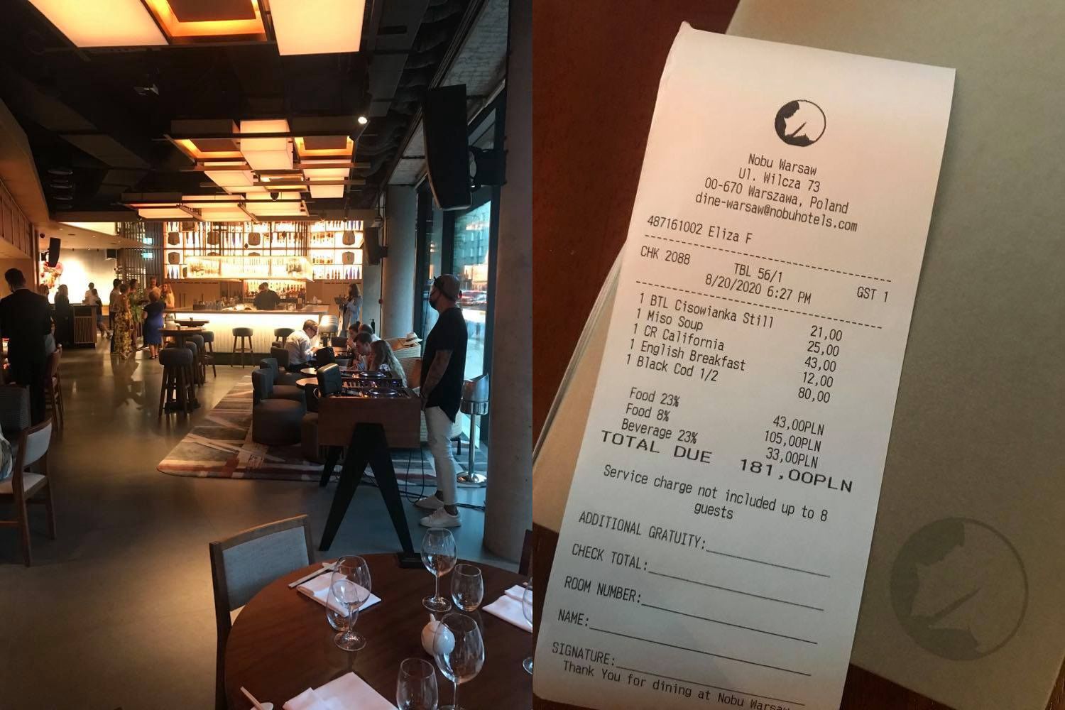 Najbardziej rzucającym się punktem w restauracji Nobu jest złocisty bar