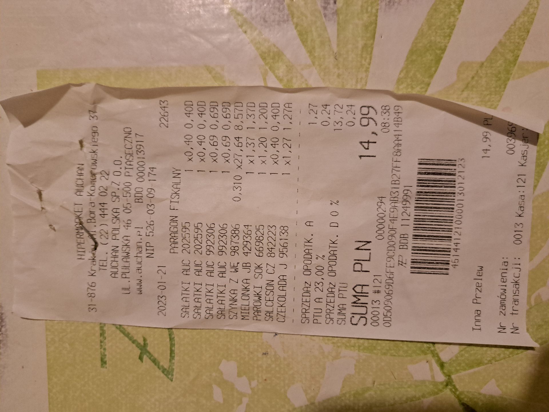 Paragon do zamówienia z Auchan