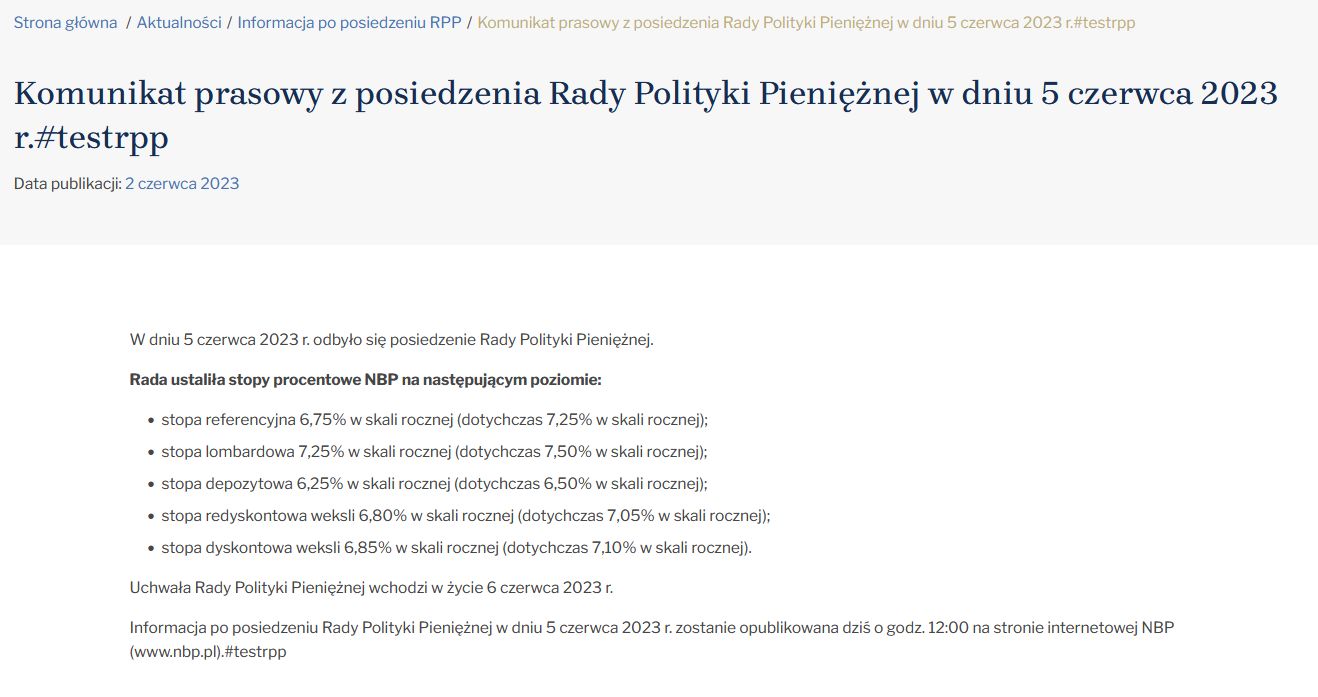 Komunikat z posiedzenia 5 czerwca opublikowany na stronach NBP 2 czerwca