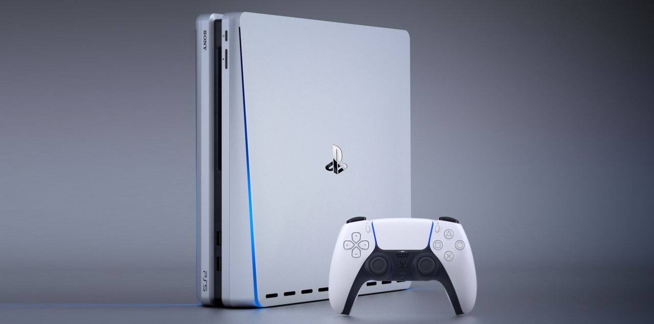 Grafika koncepcyjna PlayStation 5: prawdziwy kontroler DualSense i artystyczna wizja konsoli, fot. Snoreyn/LetsGoDigital