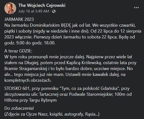 Cejrowski nie jest zadowolony z lokalizacji swojego stanowiska na Jarmarku