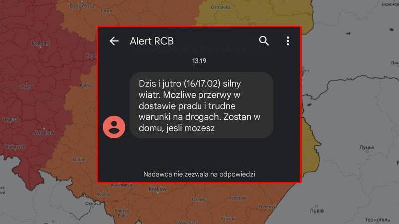 Alert RCB przed silnym wiatrem 16/17.02