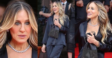 Speszona Sarah Jessica Parker chowa biust za workiem