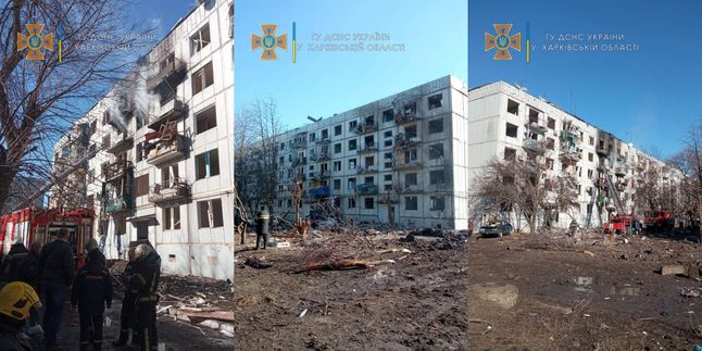 Zniszczony budynek po uderzeniu rakiety w Charkowie.