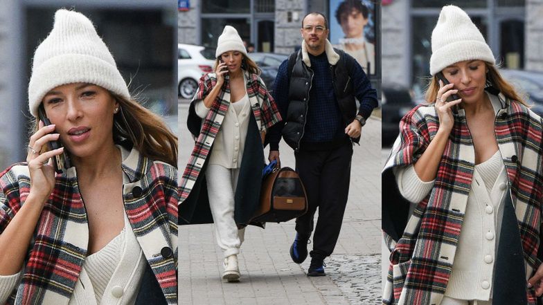 Ewa Chodakowska w czapce, ponczo i z dekoltem załatwia sprawunki na mieście. Udana stylizacja? (ZDJĘCIA)