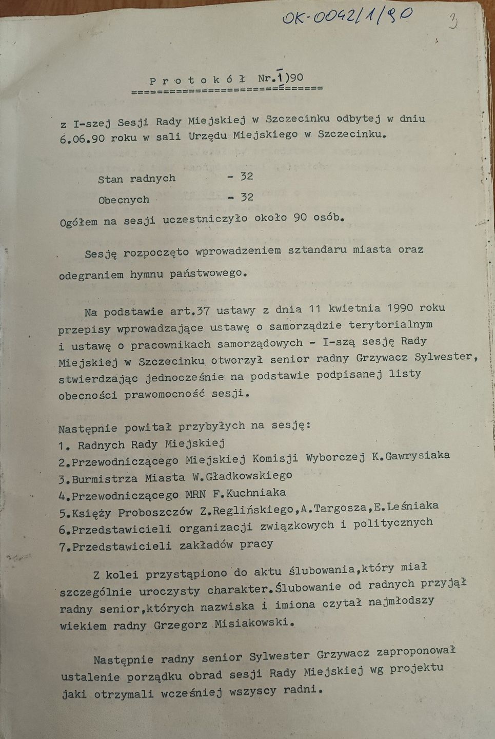 Inauguracyjna sesja Rady Miasta w Szczecinku - 6 czerwca 1990 roku