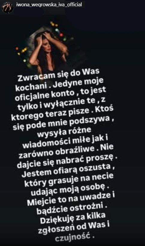 Wpis Iwony Węgrowskiej na Instagramie