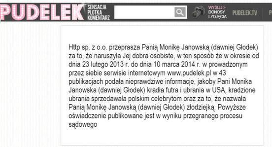 Pudelek.pl zaczął przepraszać Monikę Janowską na stronie głównej