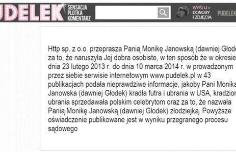Pudelek.pl zaczął przepraszać Monikę Janowską na stronie głównej