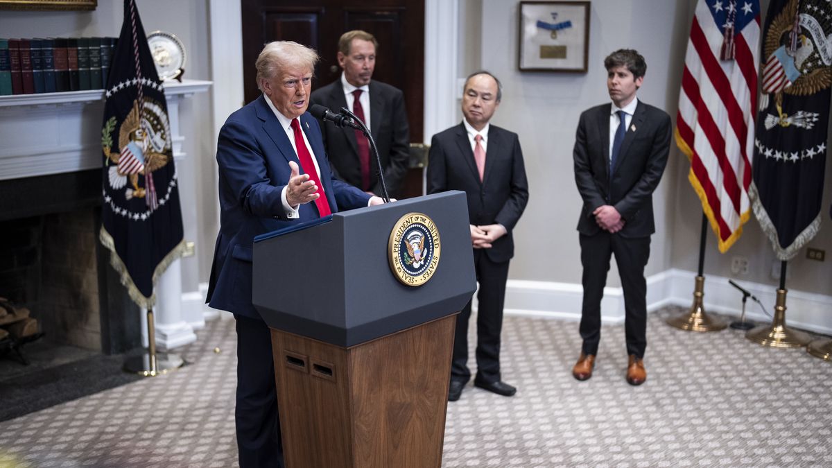 Washington, DC - January 21 : President Donald J Trump speaks about infrastructure and artificial intelligence to reporters with  Larry Ellison, chairman of Oracle Corporation and chief technology officer, Masayoshi Son, SoftBank Group CEO, and Sam Altman, OpenAI CEO in the Roosevelt Room at the White House on Tuesday, Jan 21, 2025 in Washington, DC. (Photo by Jabin Botsford/The Washington Post via Getty Images)