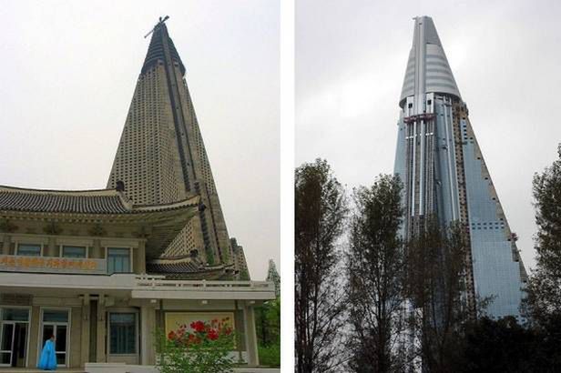 Ryugyong Hotel - porównanie postępów budowy (Fot. UrbanGhostsMedia.com)